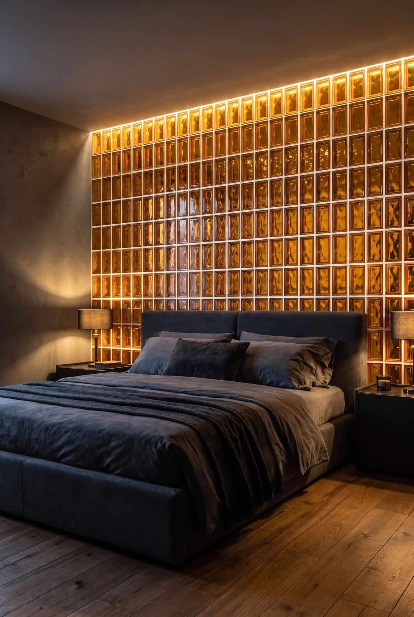 Изголовье кровати из янтарных стеклоблоков с LED-подсветкой